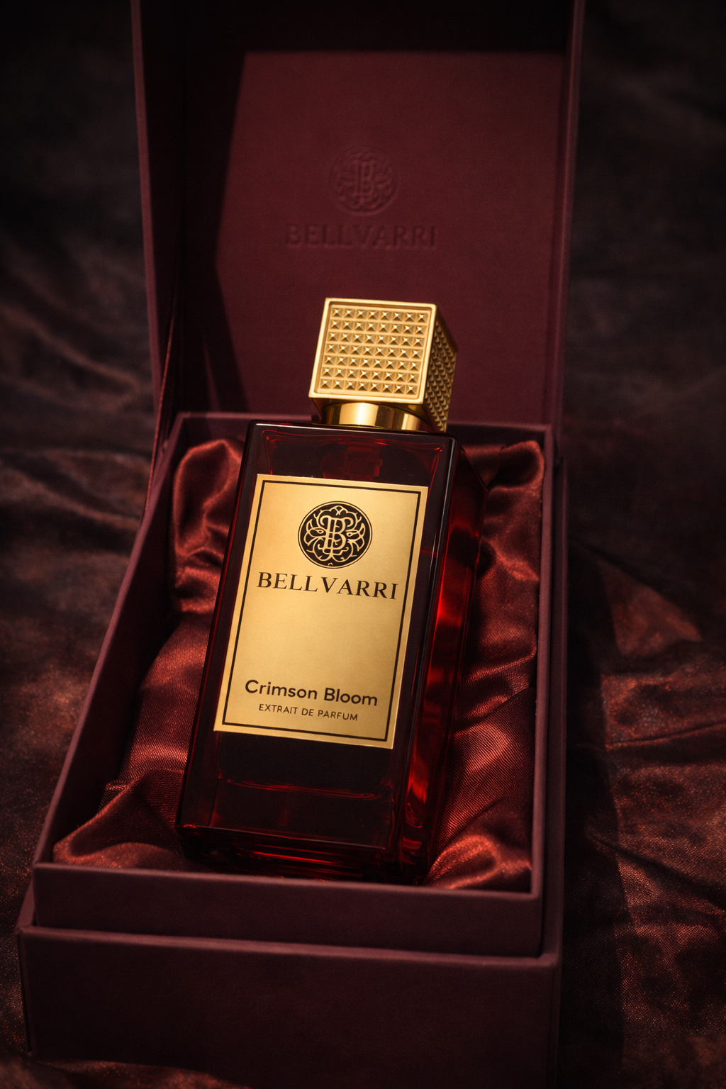 Bellvarri Crimson Bloom perfume bottle in a decorative box on a dark background